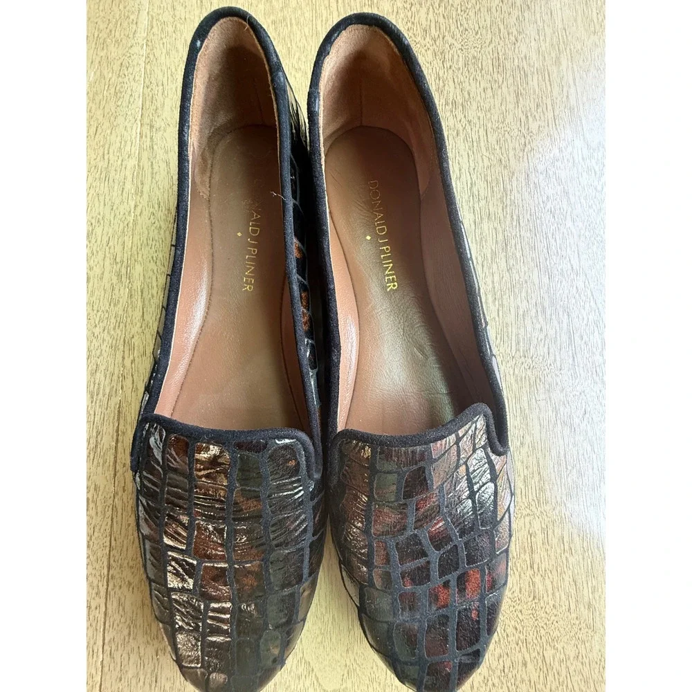Donald J Pliner Dendas Metallic Bronze Croc Embossed Leather Flats Loafers 6M